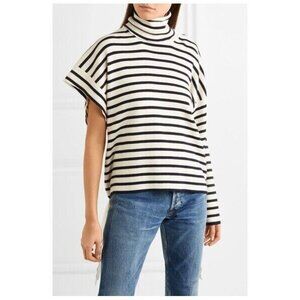 Balenciaga One Shoulder Ecru/Blue Striped Turtleneck Sweater, Sz 6 (US) 38 (EU)